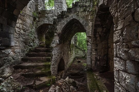 Crumbling stone stairs ascending in mysterious, overgrown medieval castle ruins, evoking a sense of history and decay