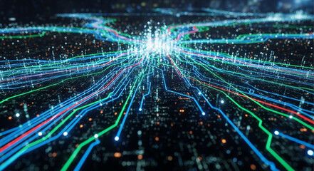 Abstract digital network of glowing lines and nodes. © Muhammad