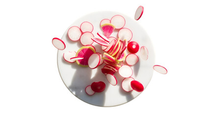 Fototapeta premium Elegant Radishes In Motion On White Plate Artistic Food Still Life