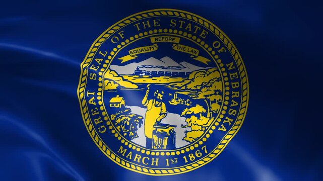 Nebraska state flag waving featuring the Great Seal of the State of Nebraska with its motto and founding date ideal for patriotic or state-related content