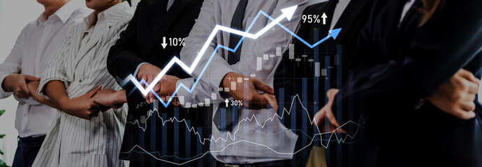 A professional group of business individuals stands confidently together, showcasing stock market data and trends, symbolizing teamwork and financial growth. Scalp © InfiniteFlow