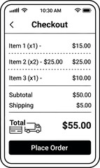 Black and white outline illustration displaying a mobile phone checkout screen detailing itemized purchases subtotal shipping costs and a final total ready for order placement confirmation.