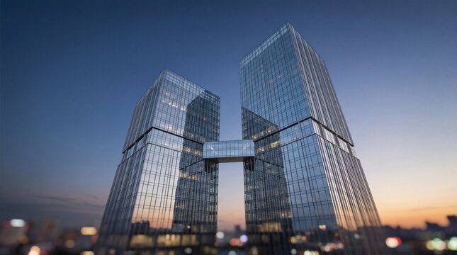 Modern glass skyscraper towers with skybridge connection in twilight. Urban architectural concept for business finance and development. Office building.