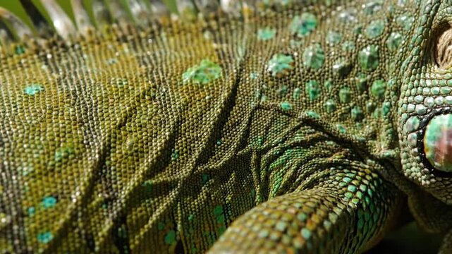 Vibrant green iguana's scaly skin with turquoise spots