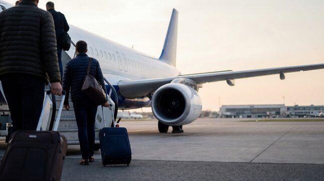 Men boarding an airplane on an airport runway with roller suitcases. Air travel and global transportation for business or vacation trip.