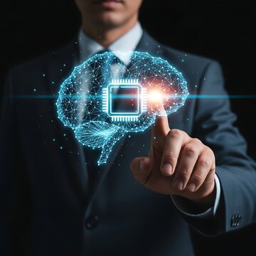 Businessman interacting with digital brain and microchip.