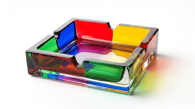 A colorful glass ashtray with a chrome frame, isolated on a clean white background.