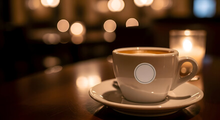 Fototapeta premium Restaurant logo mockup Cup of Coffee with Froth and a Blank Circle Label on a Saucer stock (19