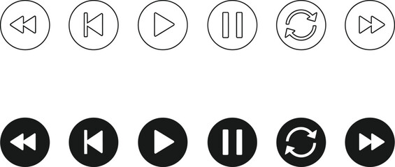 Collection of outline and filled icons representing common media playback controls such as rewind, play, pause, and repeat, suitable for digital interfaces and applications
