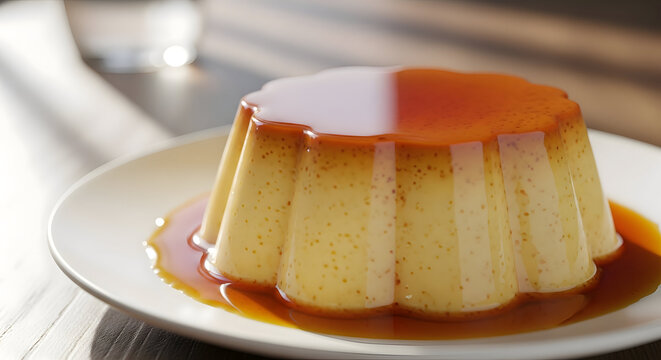 Restaurant logo mockup Delicious Caramel Custard Dessert on a White Plate with Caramel Sauce flan creme caramel