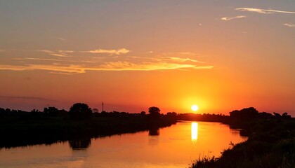 Serene Sunset over Tranquil River Landscape.