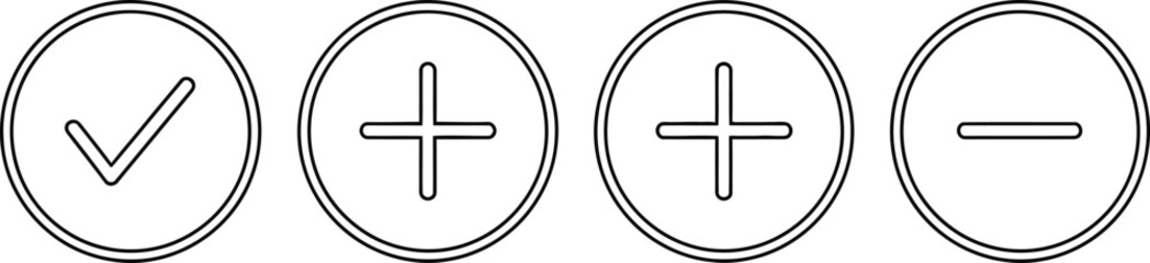 Fototapeta premium Collection of circular outlined icons representing a checkmark, a plus sign, another plus sign, and a minus sign, ideal for user interface elements or infographic design