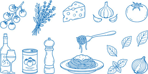 Collection of gourmet food and drink ingredients for italian cooking including pasta cheese wine herbs and spices on a white background perfect for culinary themes © Meizan 