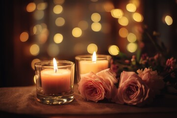 Romantic Evening Ambiance with Lit Candles and Roses.