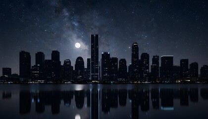 Fototapeta premium A majestic dark city skyline silhouette reflecting on calm water under a luminous full moon and starry night for Earth Hour environmental concept