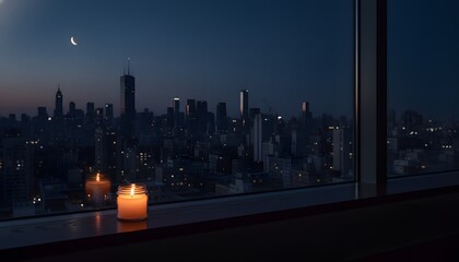 Obraz premium A glowing candle in a dark window overlooking a vast city skyline, symbolizing an atmospheric Earth Hour concept.