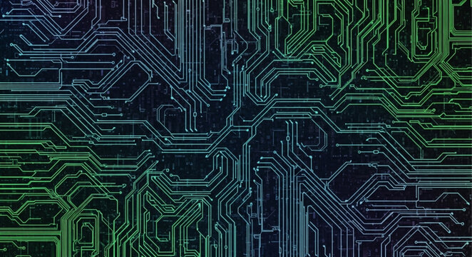Abstract digital circuit board pattern with glowing lines.