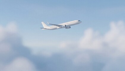 Fototapeta premium White passenger airplane in flight high above clouds. Commercial aircraft traveling high in air. Vacation and travel concept.