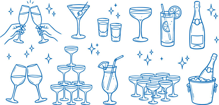 Blue line art illustrations of various cocktail glasses bottles and champagne flutes with sparklers on white background for party and celebration designs