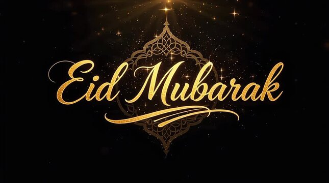 Celebrating Eid Mubarak with intricate golden ornaments against a dark background