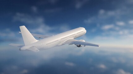 Obraz premium White passenger airplane flying in the sky above clouds showing wing and fuselage. Aviation concept for travel agency and holiday.