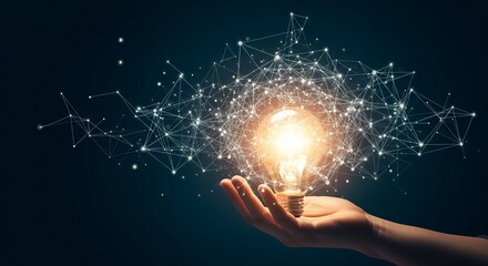 A hand holding an illuminated light bulb surrounded by glowing network connections and data points in a dark environment