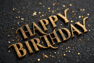 Golden Happy Birthday message on black background with glitter