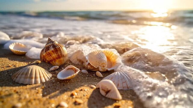 Close-up of seashells on a sandy beach with ocean waves in the background during sunset.