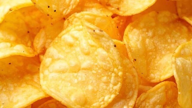 Close-up shot of a pile of golden, crispy potato chips, perfect for snacking and enjoying.