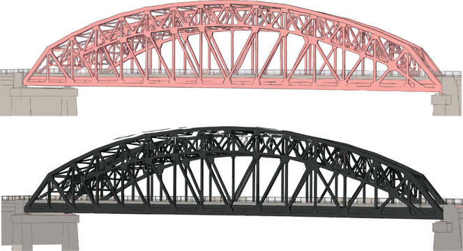Truss arch bridge illustration set, engineering structure artwork, architectural design vector, construction graphic icon, black pink infrastructure symbol