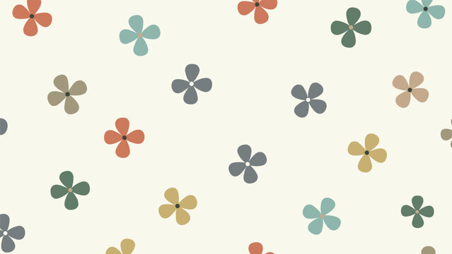 Vintage floral pattern with simple four-petal flowers in muted colors like teal, orange, and gray on a cream base.