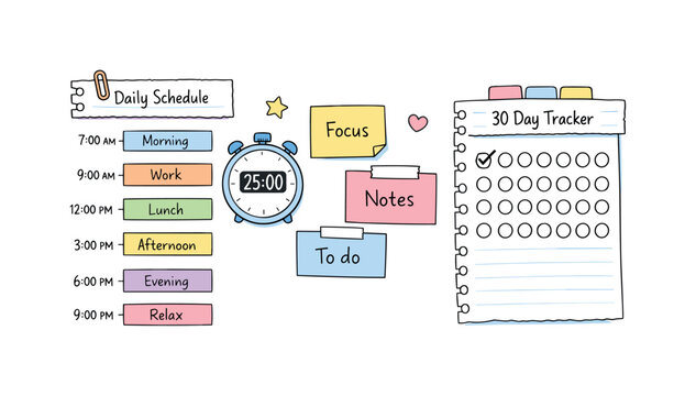 Daily schedule timeline with time blocks, timer and notebook page scraps, sticky notes and progress dots for 30 day tracker with