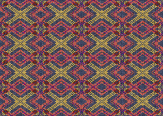 Seamless Aztec pattern with geometric diamond ikat motifs on navy woven texture, traditional ethnic tribal design for bohemian fashion textile and rustic home decor wallpaper