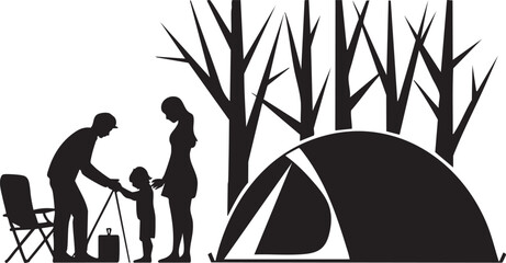 Family camping silhouette with tent and trees, outdoor recreation, nature exploration, leisure activity © Laila