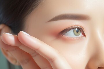 Close up of a woman gently touching her face, showcasing flawless eyebrows and makeup