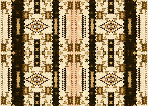 Ethnic geometric seamless pattern with tribal embroidery motif in earth tone, rustic bohemian textile background for fashion fabric, home decor and interior wallpaper design.