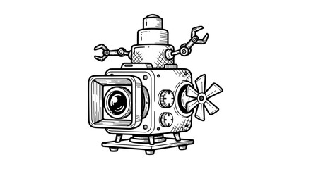 Vintage robotic camera illustration with mechanical arms and detailed design