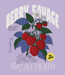 Berry Savage Typography with Raspberries fruit illustration vector graphic for girl's women's tee t-shirt sweatshirt artwork purpose