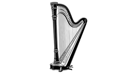 Detailed illustration of a classic concert harp in black and white