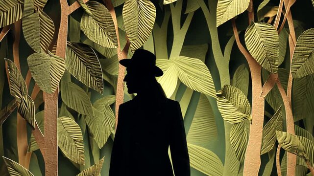 Silhouette of Man in Hat Amidst Greenery: A Papercut Design with Eco-Friendly Botanical Theme Inspired by Modern Artistic Expression in Moody Forest Scene