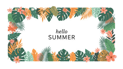 Fototapeta premium Vibrant Hello Summer banner features a lush frame of various tropical leaves and colorful hibiscus flowers surrounding elegant central text.