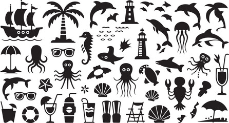 Black and white of sea creatures, beach and tropical dolphins octopus © KDP Coloring Pages