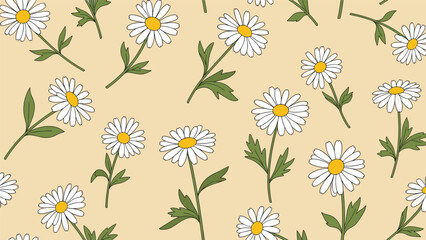 Classic floral pattern features white daisies with yellow centers and green leaves scattered across a warm light beige neutral background.