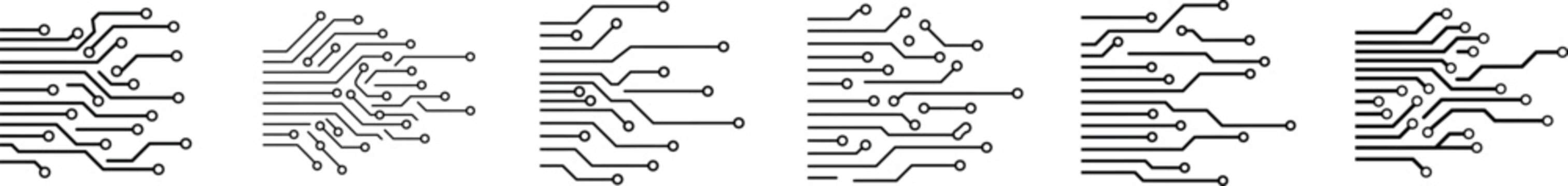 Abstract printed circuit board vector line art icon set featuring technology connection nodes and digital pathways for electronics backgrounds UI design and modern computer networking concepts