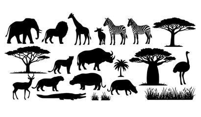 African safari animal and tree silhouette collection isolated on white background © Md