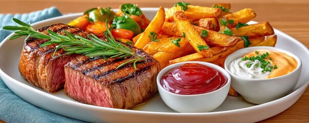 Grilled steak with rosemary, golden fries and dipping sauces on a white serving plate