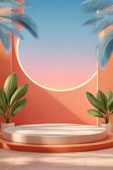 Fototapeta premium Minimal pastel podium stage with circular gradient window, tropical plants and soft sunset light