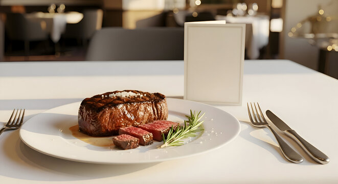 Restaurant logo mockup Sliced Steak Dinner on Plate with Rosemary and Blank Menu Card beef meat