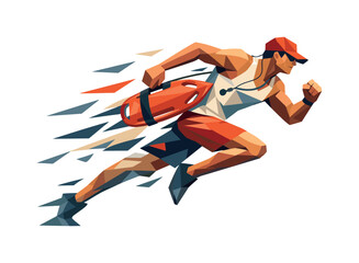 Low-poly vector illustration of a lifeguard accelerating into a rescue dash, dynamic diagonal composition with elongated angular