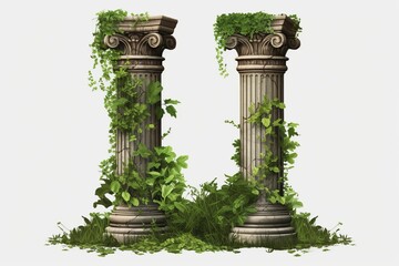 Obraz premium Two weathered classical columns overgrown with green ivy and grass